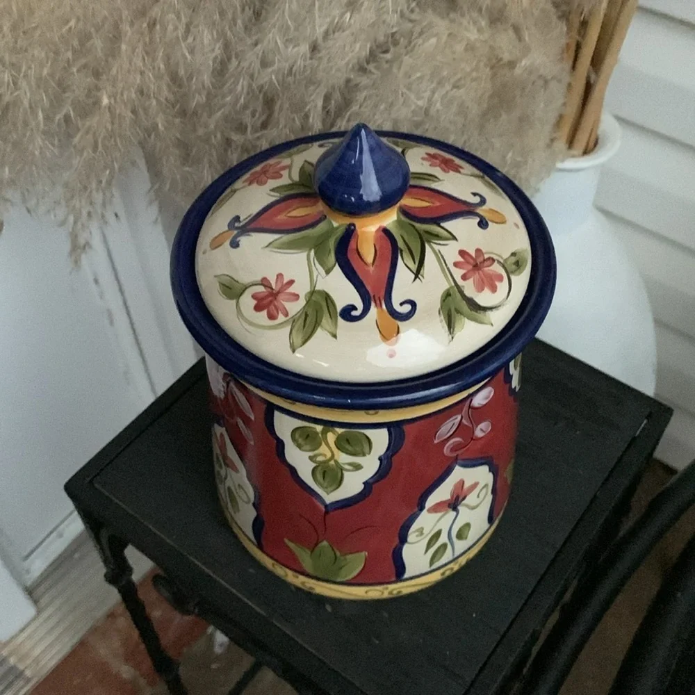 Pier 1 Vallarta Cookie Jar Canister Hand Painted Floral ceramic‎ food storage